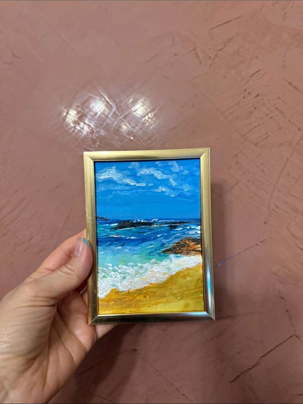 Gold Framed Seascape Wall Art - Blue & Sand Beach Painting